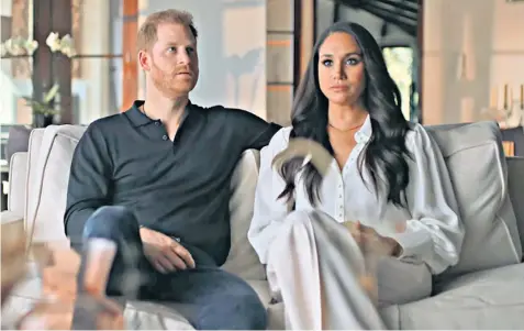  ?? ?? Above, the Duke and Duchess of Sussex in the Netflix documentar­y, and right, the King, with the Archbishop of Canterbury, Justin Welby, attends an Advent service at the Ethiopian Christian Fellowship Church, in London