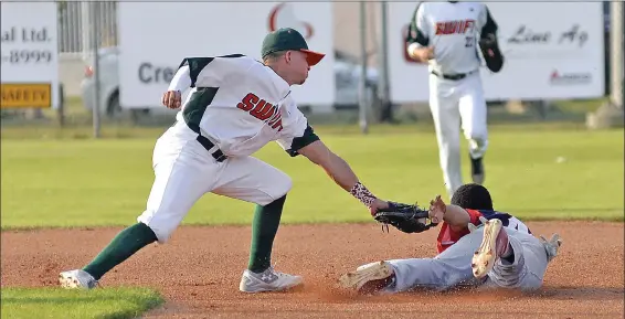  ?? STEVEN MAH/SOUTHWEST BOOSTER ?? 57’s second baseman Ruben Rodriquez (left) tagged Regina’s Wesley Moss early in game two on August 1.