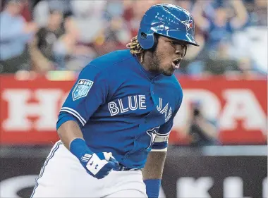  ?? CANADIAN PRESS FILE PHOTO ?? Vladimir Guerrero Jr. celebrates his walk-off home run to defeat the St. Louis Cardinals, 1-0, during ninth-inning spring training baseball action March 27 in Montreal — a Blue Jays season highlight.