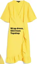  ??  ?? Wrap dress, €52 from Topshop Straw hat, €40 from M&S