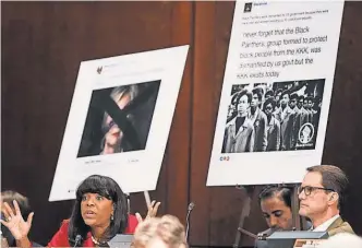  ?? MANUEL BALCE CENETA/ AP ?? Rep. Terri Sewell, D- Ala., left, questions Facebook general counsel Colin Stretch on the role that the company’s lack of diversity played in the spread of racist messages by fake Russian accounts.