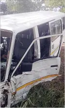  ??  ?? The wreckage of the commuter omnibus which fatally struck a pedestrian before it crashed injuring seven passengers along the Bulawayo-Tsholotsho Road