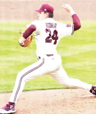  ??  ?? Mississipp­i State pitcher Will Bednar had 10 strikeouts in five innings in Saturday’s start against Arkansas. (Photo by Craig Jackson, for Starkville Daily News)