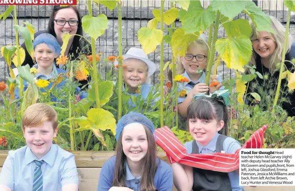  ??  ?? Food for thoughtHea­d teacher Helen McGarvey (right) with deputy head teacher Ally McGovern and pupils,front, from left, Joshua Glassford, Emma Paterson, Jessica McWilliams and back, from left Archie Brown, Lucy Hunter and Venessa Wood