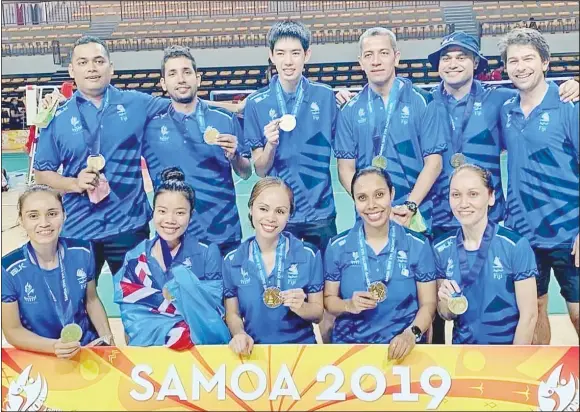  ?? Picture: FASANOC ?? Team Fiji Badminton team after winning gold in the team event during the Pacific Games in Samoa in 2019.