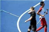  ??  ?? Stephen Jenness throws his stick away during the Black Sticks’ 6-2 win over Canada.