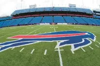  ?? GENE J. PUSKAR/AP FILE ?? The Buffalo Bills logo is displayed on the field at Highmark Stadium . The Bills’ wild-card playoff game against the Steelers that was scheduled for Sunday was moved to Monday amid a forecast for dangerous winter weather.