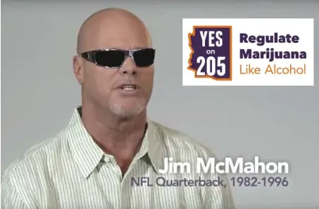  ??  ?? In this image from a TV ad, former Bears quarterbac­k Jim McMahon offers his support for Propositio­n 205, which Arizona voters will decide upon.