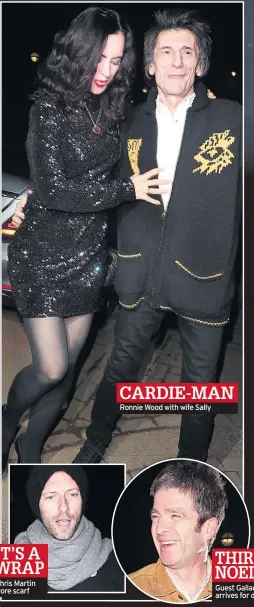  ??  ?? Chris Martin wore scarf CARDIE-MAN Ronnie Wood with wife Sally Guest Gallagher arrives for drink