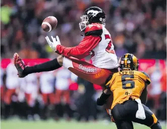  ?? DARRYL DYCK/THE CANADIAN PRESS ?? Stampeders receiver Bakari Grant had four catches for 47 yards in his first game, filling the void on an injuryridd­led receiving corps in Saturday’s 26-9 win over the Lions at BC Place.