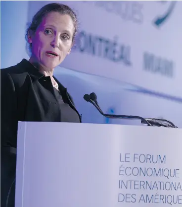  ?? CHRISTINNE MUSCHI / BLOOMBERG NEWS ?? Foreign Affairs Minister Chrystia Freeland speaks Monday during the Internatio­nal Economic Forum Of The Americas meeting in Montreal.