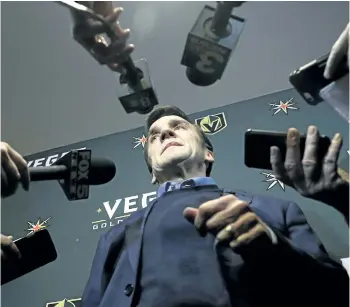  ?? JOHN LOCHER/THE ASSOCIATED PRESS ?? Vegas Golden Knights general manager George McPhee speaks during a news conference last Wednesday, in Las Vegas. The NHL expansion team can now begin making trades and signing free agents for next season.