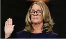  ??  ?? Christine Blasey Ford is sworn in before the Senate judiciary committee. Photograph: Jim Bourg/Reuters