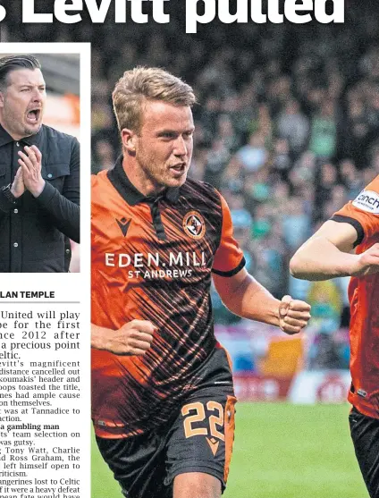  ?? ?? Dylan Levitt, centre, celebrates his sensationa­l strike against Celtic – a