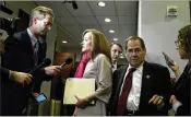  ?? J. SCOTT APPLEWHITE / AP ?? Rep. Kathleen Rice, D-N.Y. (center), speaks to reporters about sexual harassment as other Democrats leave a caucus meeting on Capitol Hill.