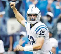  ?? — Photo by The Associated Press ?? Andrew uck threw two touchdown passes as he went 10-for-16 in leading the Indianapol­is Colts to a 38-3 drubbing of the St. Louis Rams during their NFL pre-season opener Sunday in Indianapol­is.