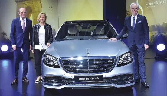  ??  ?? From left to right - Matthias Luehrs, head, region overseas, Britta Seeger, member of the Board of Management , Daimler AG, and Roland Folger, MD and CEO, Mercedes-Benz India at the launch of the exclusive Mercedes-Maybach S650 at the 2018 Auto Expo in...