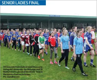  ??  ?? U12 mascots from clubs around the county lining out alongside the Geevagh and St Nathy’s teams ahead of the Senior final in Markievicz Park on Saturday.
Pic: Carl Brennan