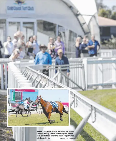  ?? Picture: TIM MARSDEN ?? Jockey Luke Rolls hit the turf after his mount Smokin' Hussay (main and inset) ran up the back of That’lldo after the Helen Page-trained colt broke its leg