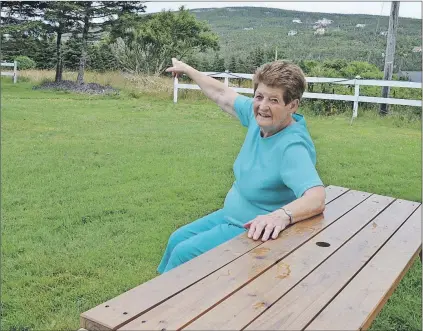  ?? GARY HEBBARD/SPECIAL TO THE TELEGRAM ?? Mary Roche points to location of the Stark home from her backyard. The trees that hide the new home on the site today weren't there in 1956.