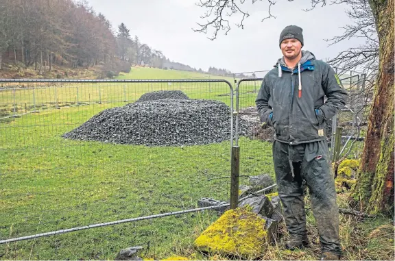  ?? Picture: Steve Brown. ?? Farmer Andy Stevenson in the field where a sinkhole appeared and took 80 tonnes of material to fill.