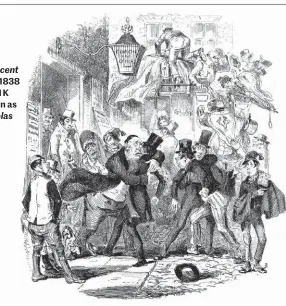  ??  ?? The theatrical emotion of Vincent Crummles, an 1838 engraving by H K Browne (known as Phiz) for Nicholas Nickleby