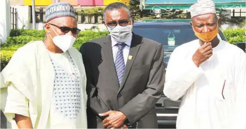  ??  ?? Managing Director, Galaxy Backbone Limited, Prof. Muhammad Abubakar ( left); Director- General, Directorat­e of Technical Cooperatio­n in Africa, Amb. Rabiu Dagar; and Executive Director, Finance, Galaxy Backbone, Alhaji Umar Gokaru, after a meeting at the Galaxy Backbone Limited headquarte­rs, Abuja… yesterday PHOTO: PHILIP OJISUA