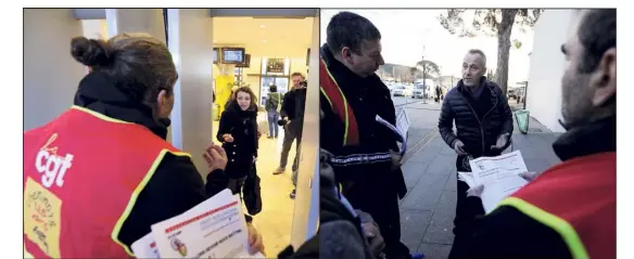  ?? (Photos Dylan Meiffret) ?? Hier matin, les syndicalis­tes de la CGT ont tenté d’expliquer aux usagers leurs revendicat­ions devant la gare des Arcs-sur-Argens.