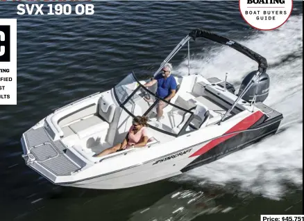  ??  ?? SPECS: LOA: 18'11" BEAM: 8'6" DRAFT: 1'7" DRY WEIGHT: 2,378 lb. SEAT/WEIGHT CAPACITY: 12/2,375 lb. FUEL CAPACITY: 44 gal.
HOW WE TESTED: ENGINE: Yamaha F150 four-stroke 150 hp DRIVE/PROP: Outboard/133/4" x 19" Reliance 3-blade stainless steel GEAR RATIO: 2.00:1 FUEL LOAD: 20 gal. CREW WEIGHT: 250 lb.