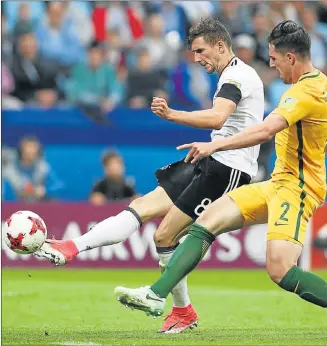  ?? Picture: GETTY IMAGES ?? SOLID STRIKE: Germany’s Leon Goretzka scores his side’s third goal during their Fifa Confederat­ions Cup match against Australia at the Fisht Olympic Stadium in Russia