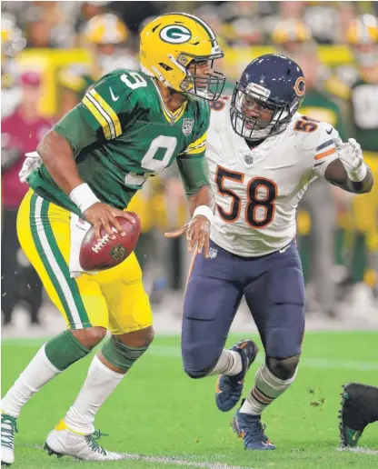  ?? GETTY IMAGES ?? Bears rookie inside linebacker Roquan Smith has made steady progress since his first game against the Packers.