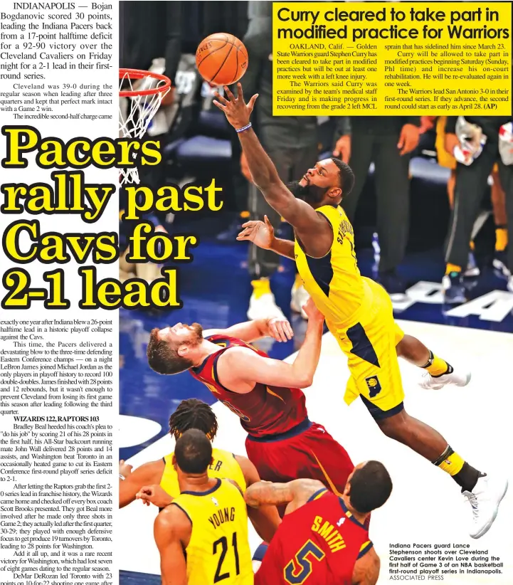  ?? ASSOCIATED PRESS ?? Indiana Pacers guard Lance Stephenson shoots over Cleveland Cavaliers center Kevin Love during the first half of Game 3 of an NBA basketball first-round playoff series in Indianapol­is.