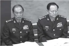  ?? FRANCE PRESSE AGENCE ?? China’s CPC Central Military Commission Vice Chairman He Weidong (L) and Zhang Youxia (R) attend the opening ceremony of the Chinese People’s Political Consultati­ve Conference (CPPCC) at the Great Hall of the People in Beijing.