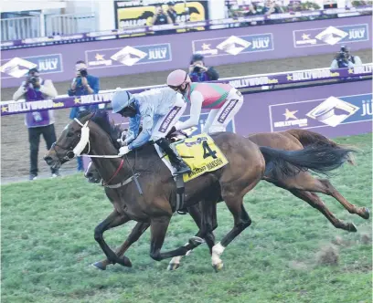  ?? Picture: Nigel Sibanda ?? REIGNING CHAMP. Winchester Mansion (4) from the Drakenstei­n Stud of Gaynor Rupert won the 2023 Durban July. It was ridden by Kabelo Matsunyane and trained by Brett Crawford.