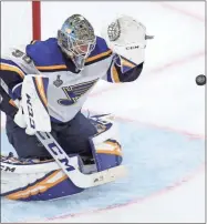  ??  ?? St. Louis Blues goaltender Jordan Binnington defends the net during the second period in Game 2 of the NHL hockey Stanley Cup Final against the Boston Bruins, Wednesday, in Boston.