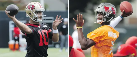  ?? PHOTOS: THE ASSOCIATED PRESS/FILES ?? San Francisco 49ers quarterbac­k Jimmy Garoppolo, left, won five straight games last season after finally moving into the starting lineup. Tampa Bay Buccaneers quarterbac­k Jameis Winston, right, is due $20.9 million in 2019 at what could be a bargain...