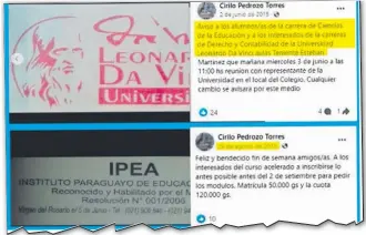  ?? ?? Posteos del concejal Pedrozo Torres en los que invitaba para el aula habilitada en el distrito chaqueño de Teniente Esteban Martínez.