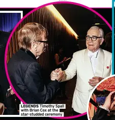  ?? ?? LEGENDS Timothy Spall with Brian Cox at the star-studded ceremony
ROYAL FLUSH The Crown’s Dominic West, left, and Elizabeth Debicki, above, with Jeff Goldblum