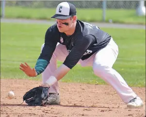  ?? JASON MALLOY/THE GUARDIAN ?? Charlottet­own Gaudet’s Auto Body Islanders second baseman Grant Grady stays down on a ground ball Monday at Memorial Field during New Brunswick Senior Baseball League action.