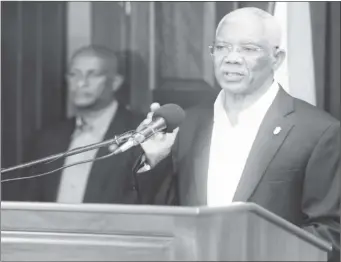  ??  ?? President David Granger speaking at the press conference yesterday