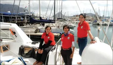  ?? Picture: Ayanda Ndamane/African News Agency (ANA) ?? A-TEAM: INSV Tarini crew members, from left, Lieutenant Aishwarya Boddapati, Lieutenant-Commander Vartika Joshi and Lieutenant-Commander Pratibha Jamwal did maintenanc­e work on their boat yesterday.