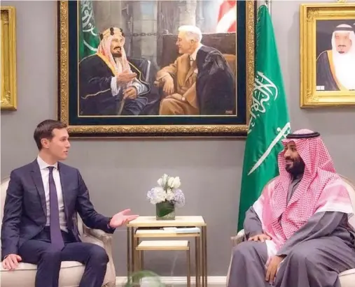  ??  ?? Crown Prince Mohammed bin Salman holds talks with the White House Senior Adviser Jared Kushner on Wednesday. (SPA)