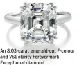  ??  ?? An 8.03-carat emerald-cut F-colour and VS1 clarity Forevermar­k Exceptiona­l diamond.