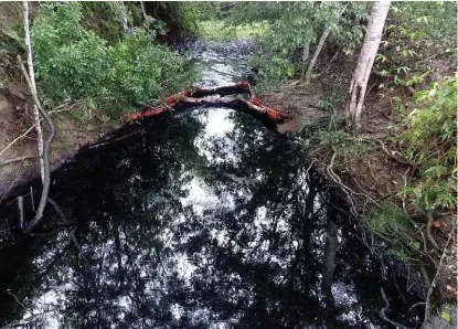  ?? ESPECIAL ?? El petróleo llegó hasta ríos y arroyos de las comunidade­s de Tihuatlán, en el estado de Veracruz, y se prevé que el derrame del crudo llegue al río Cazones.