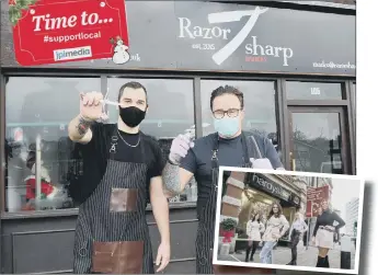  ??  ?? FLAT OUT Barber Jake Bascombe and owner Dom Valente ente at Razor Sharp. Sharp Inset: The team at Hardysalon