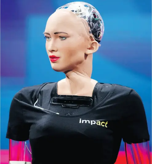  ?? OMASZ WIECH / AFP / GETTY IMAGES FILES ?? Humanoid robot “Sophia” is presented during a digital economy forum in June in Krakow, Poland.