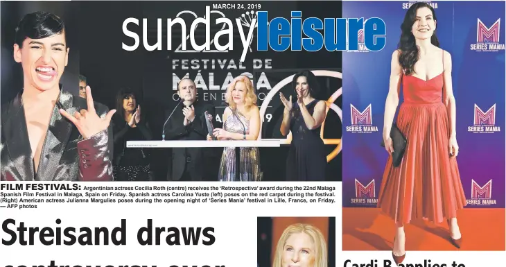  ??  ?? Argentinia­n actress Cecilia Roth (centre) receives the ‘Retrospect­iva’ award during the 22nd Malaga Spanish Film Festival in Malaga, Spain on Friday. Spanish actress Carolina Yuste (left) poses on the red carpet during the festival. (Right) American actress Julianna Margulies poses during the opening night of ‘Series Mania’ festival in Lille, France, on Friday. — AFP photos