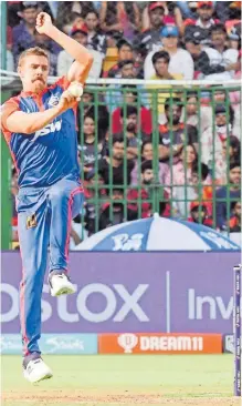  ?? IANS ?? ANRICH Nortje bowls during the IPL match in Bengaluru. |