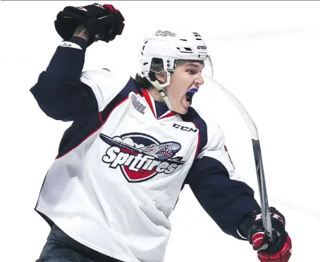  ?? DAN JANISSE ?? Curtis Douglas of the Spitfires celebrates after scoring his first goal of the season in a 2-0 win over the London Knights on Thursday night at the WFCU Centre. The Dallas Stars prospect found his groove after being a healthy scratch for the team’s last outing.