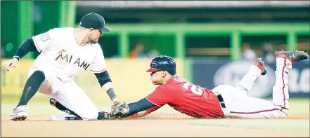  ?? (AP) ?? Washington Nationals right fielder Juan Soto (right), slides safely into second base against Miami Marlins second baseman Miguel Rojas but due to batter
interferen­ce he was forced to return to first base during the fourth inning of a baseball game on...